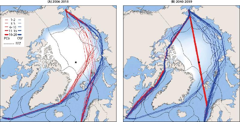 Figure 9.5 Map of optimal Arctic September shipping routes from the Pacific to...