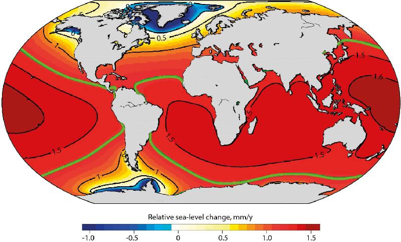 Figure 9.2 Relative sea level variations due to the gravitational and Earth...