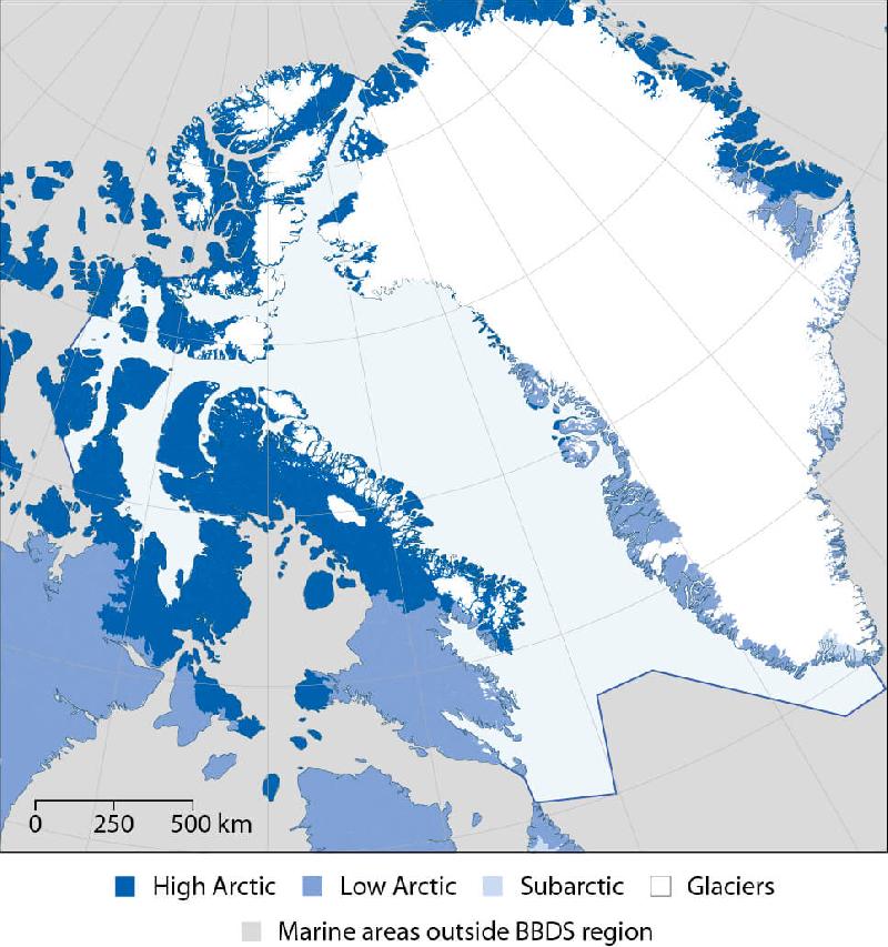 Figure 2.2 The BBDS region lies mostly within the Low Arctic and High Arctic...