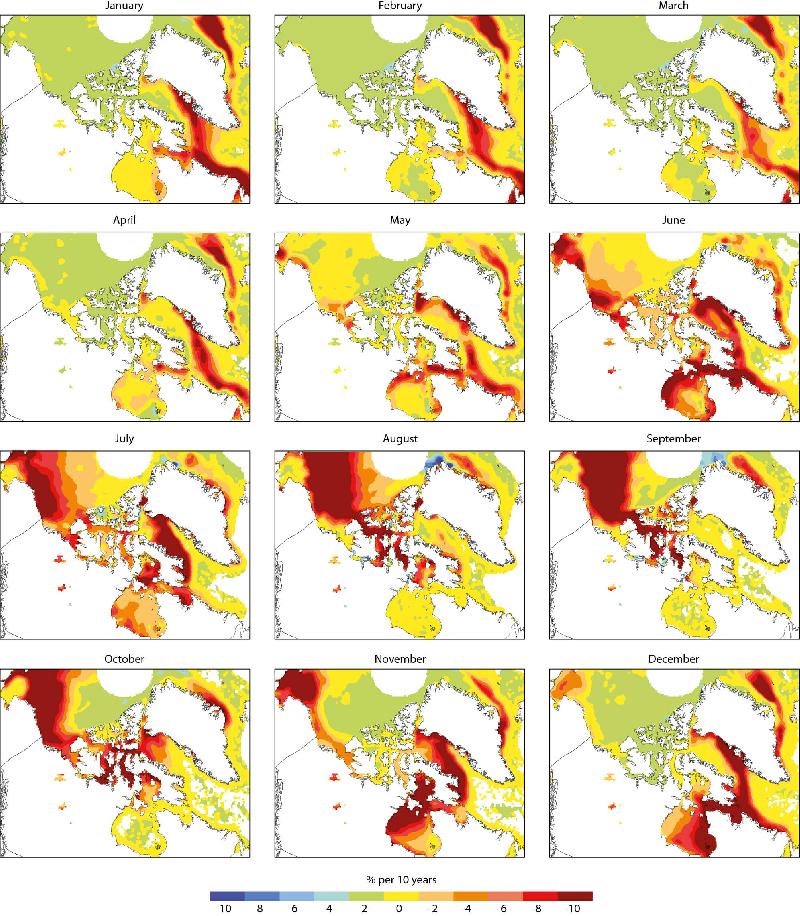 Figure 3.18 Trends in monthly average ice concentration (%) over the Canadian...