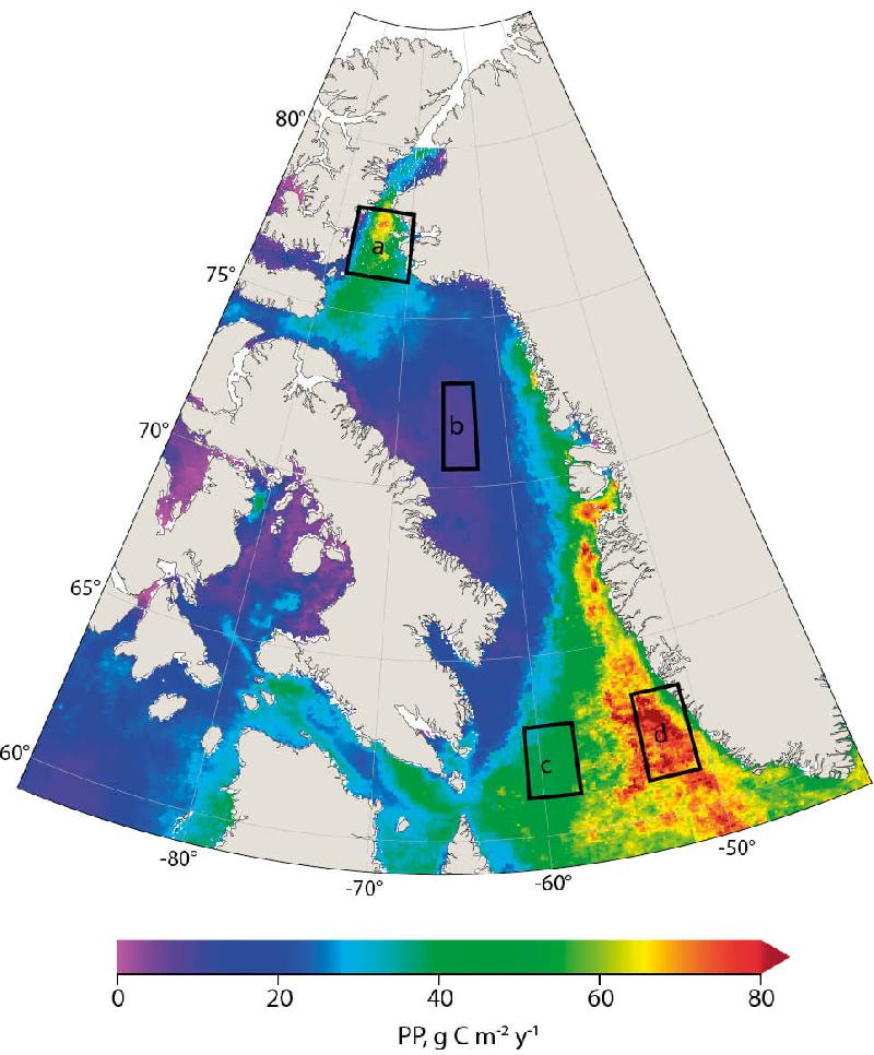 Figure 6.3 Satellite-based estimates of annual primary production (PP) in open...