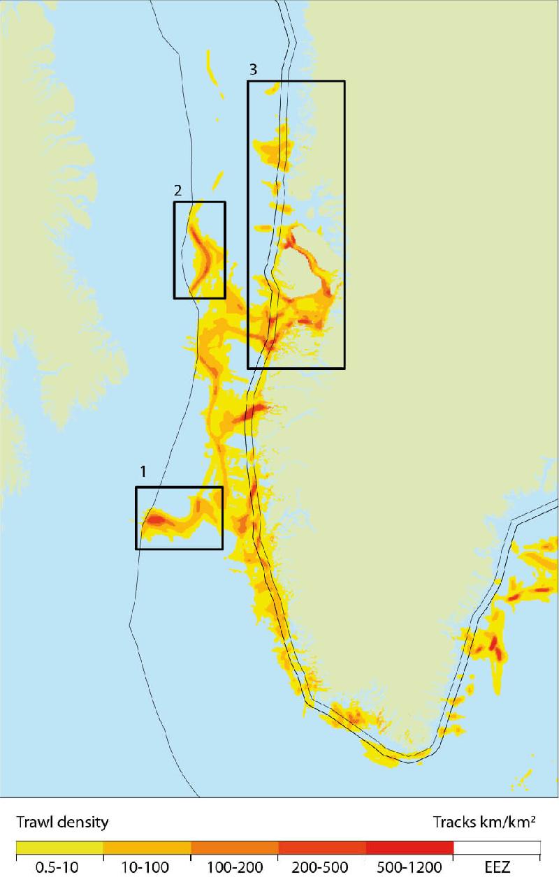 Figure 6.7 Distribution and intensity of the trawl fishery in West Greenland...