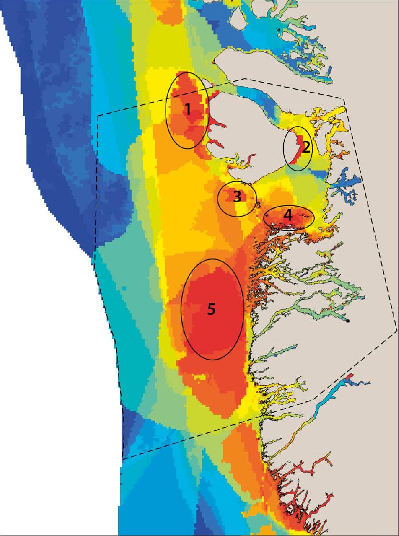 Figure 9.4 Relative environmental sensitivity within the Disko Bay and Store...