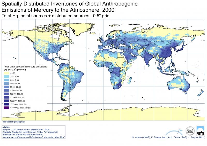 Map 1. 2000 anthropogenic emissions of mercury to the atmosphere